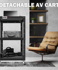 Three Tier Steel AV Cart On Wheels With Adjustable Height From 24 To 42 Inches in living room with chair and shelf