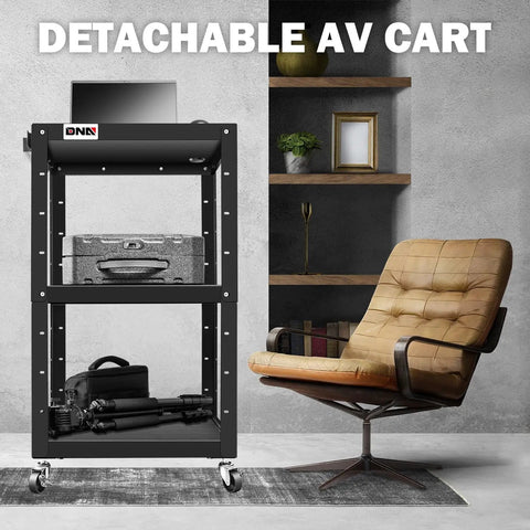 Three Tier Steel AV Cart On Wheels With Adjustable Height From 24 To 42 Inches in living room with chair and shelf