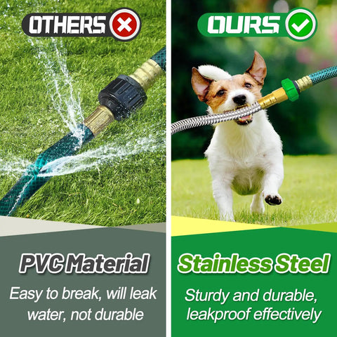 Comparison of PVC and Beefy Heavy Duty 304 Stainless Steel Construction Double Female Hose Connector With Leakproof, Flexible Water Pipe