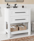 Top Notch 30 Inch Bathroom Vanity With Integrated Sink And Two Roomy Drawers Plus Handy Open Shelf in white.