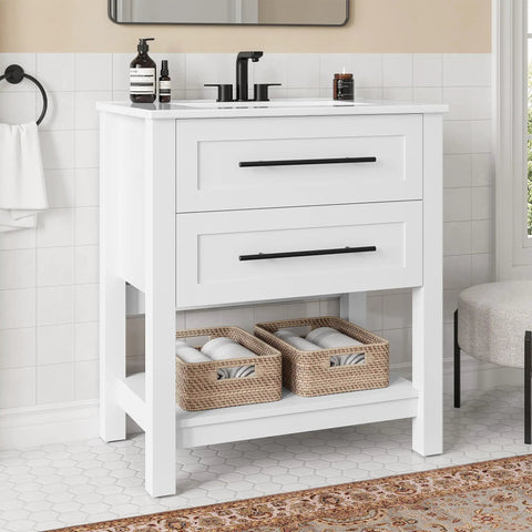 Top Notch 30 Inch Bathroom Vanity With Integrated Sink And Two Roomy Drawers Plus Handy Open Shelf in white.