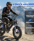 Rider on powerful 1500W fat tire electric bike for adults with dual suspension, 31 MPH top speed, 48V 20Ah battery, off-road setting