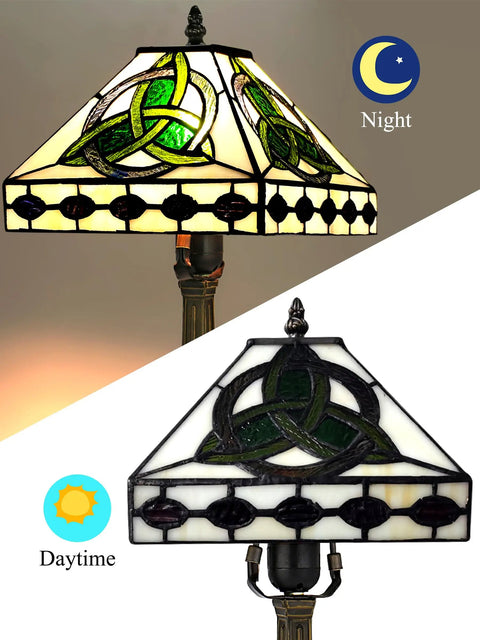 Irish Tiffany Style Table Lamp With Stained Glass Shade, Bronze Metal Base, E26 Bulb Holder, UL Listed, Day and Night View