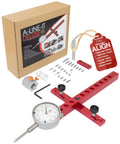 A Line It Deluxe Table Saw Alignment Tool With Digital Dial Indicator and accessories on display