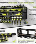 Six Shelf Heavy Duty Power Tool Organizer Wall Mount With Drill Holder Slots Side Screwdriver Racks And Hook Bar For Garage And Workshop Storage And Quick Tool Access installed with tools.