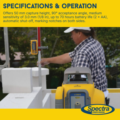 HL450 Laserometer Receiver With Digital Readout And Dual LCD Elevation Displays 102 Mm Beam Reception Built Tough IP67 Rugged Housing Drop Resistant Up To 5 Ft Includes Rod Clamp And User Guide For Quick On Grade, mounted on grade rod
