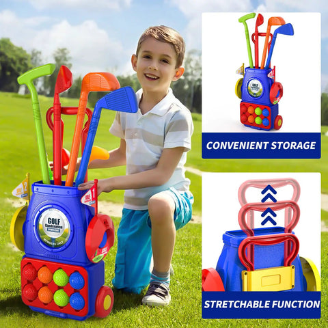 Child with Tot Friendly Mini Golf Toy Set with golf cart, four colorful clubs, and storage feature for backyard play.