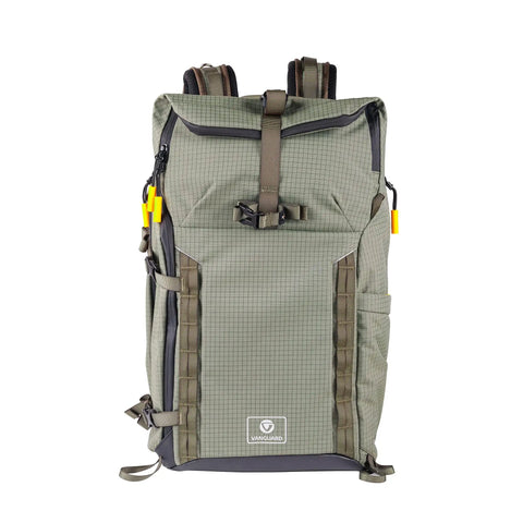 Front view of 35L Hiking Camera Backpack With Removable Inner Insert For Pro DSLR With Grip And Five To Six Lenses Up To 300Mm F2.8 Or One Hundred Fifty To Six Hundred Millimeter Carries 15 Inch Laptop And 10 Inch Tablet Dual Tripod Carry Top Daypack Green