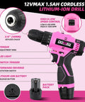 Pink 147 Piece Tool Kit With Twelve Volt Cordless Drill And Three Eighth Inch Keyless Chuck Built In LED Type C Charge Cable Women Friendly Home DIY Set For All, showing close-up of drill features and battery pack.