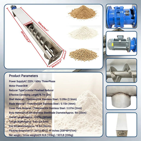 Rock Solid U Trough Screw Conveyor Built Tough From Real 304 Stainless Steel Industrial Auger Feeder For Food Powder And Granule Material Handling 3KW Motor Runs Slick with various materials