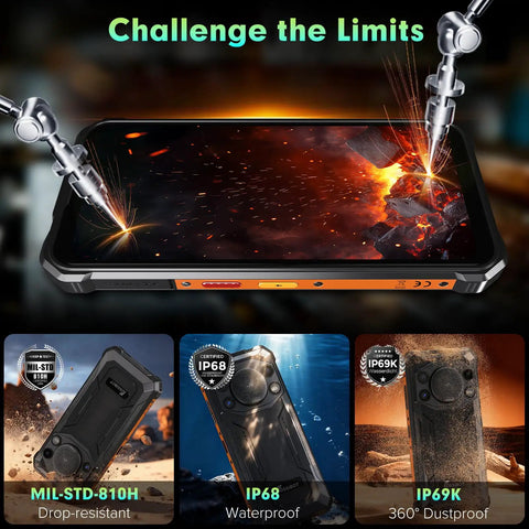 Ultra Rugged Unlocked Android 15 Powerhouse Packed With Massive 10000mAh Battery And Kickass 128dB Speaker showcasing rugged features and waterproof capabilities.