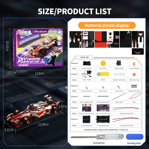 Remote Control F1 Car Kit With 3D Wooden Puzzle For Adults Do It Yourself Mechanical Model Kit Six Plus Hour Build, box and parts list