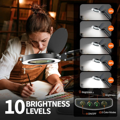 Woman using 10X Magnifying Lamp With Light And Stand For Crafts, Reading And Close Work, Dimmable LED Desk Magnifier in library.