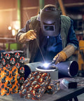 Welder Gift Wrap Bundle with 12 Sheets Welding Themed Paper Featuring Helmet and Tools Designs Ideal for Welders Available in Background.