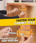 Two Pack Cabinet Clamps With Protective Case Pro Grade Solid Cast Steel Construction Built In Drill Guide With EVA Pads in use for cabinet installation.
