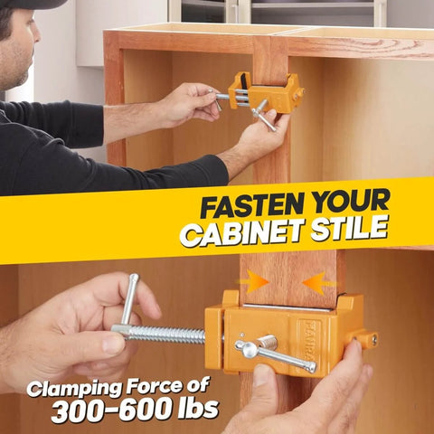 Two Pack Cabinet Clamps With Protective Case Pro Grade Solid Cast Steel Construction Built In Drill Guide With EVA Pads in use for cabinet installation.