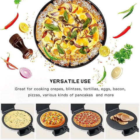 12 Inch Electric Roti Maker With Automatic Tortilla Press Function Adjustable Temperature Control Double Sided Heating Plates cooking various foods.