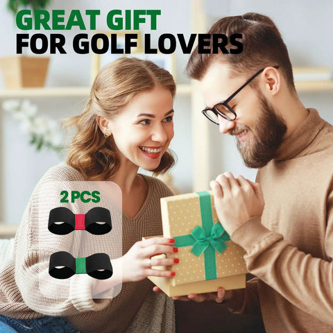 Couple exchanging gift of Portable Golf Swing Trainer Set Two Pack For Beginners, green and red correction arm bands shown.