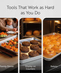 Beefy Heavy Duty Aluminum Full Size Sheet Pan 26 By 18 Inch With Reinforced Rim in use for baking and serving in kitchen settings.