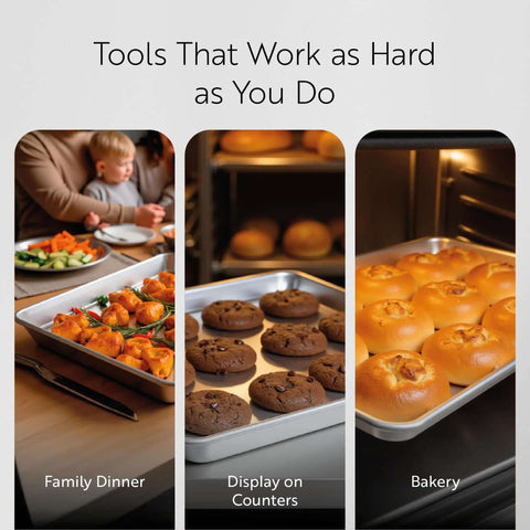 Beefy Heavy Duty Aluminum Full Size Sheet Pan 26 By 18 Inch With Reinforced Rim in use for baking and serving in kitchen settings.