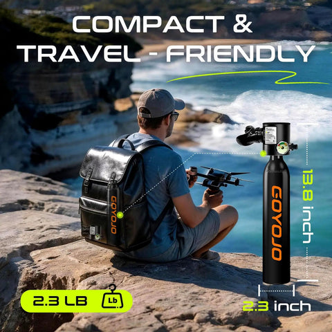 Person sitting on rocky shore with 0.5L Mini Scuba Tank Portable Backup Air for Snorkeling and Training, backpack beside them