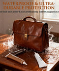 Leather Repair Kit For Furniture And Cars With Easy Color Match, Fix Scratches And Cracks On Couches, Car Seats, Jackets, And Purses, DIY Leather Restoration Kit With Simple Step By Step Instructions And Glossy Finish shown with waterproof leather bag and repair tubes on table.