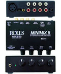 Top view of MX51S Mini Mix 2 Four Channel Stereo Line Mixer For Home Studio Use with XLR Microphone Input and RCA inputs.