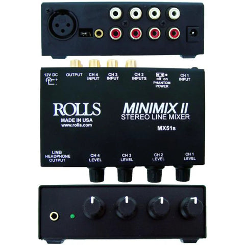 Top view of MX51S Mini Mix 2 Four Channel Stereo Line Mixer For Home Studio Use with XLR Microphone Input and RCA inputs.