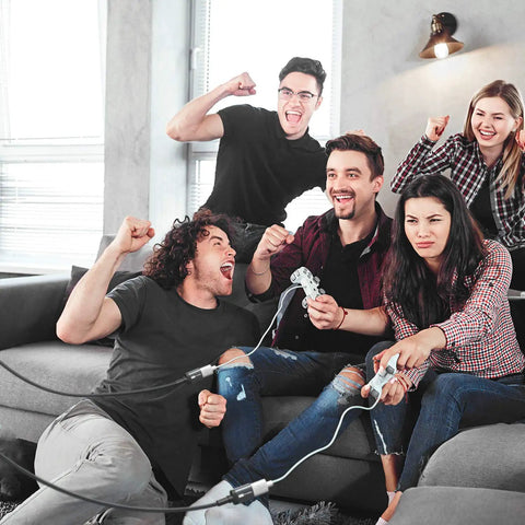 Group of friends gaming with controllers connected by Ultra Long 10FT USB 3.0 Extension Cable Type A Male To Female.