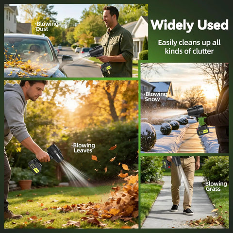 100000 RPM Cordless Leaf Blower With Dual 3Ah Batteries And Fast Charger in use for leaves, snow, dust, and grass clearing
