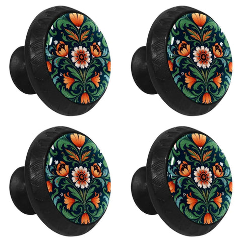 Norwegian Rosemaling Green Flower Cabinet Knobs Set ABS Glass Round Drawer Pulls