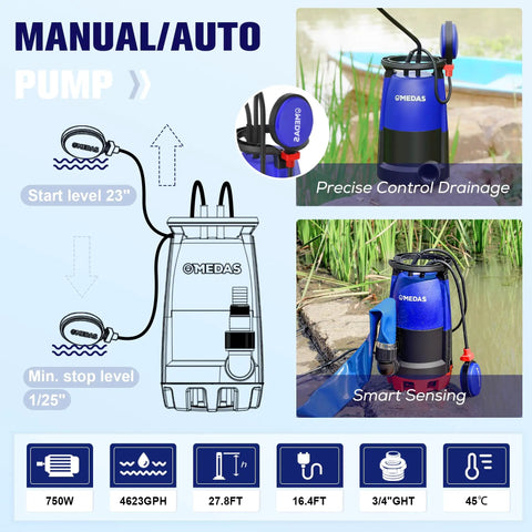 1HP 750W Heavy Duty Submersible Sump Pump With 3 In 1 Clean Dirty Water Modes, Float Switch, 16.4 Ft Cable diagram and usage