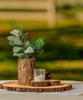Ten 13-14 Inch Wood Slices For Go-To Centerpieces Set Of 10 Rustic Wood Rounds For Weddings and Events on outdoor table