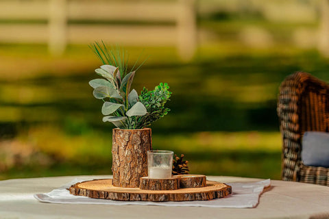 Ten 13-14 Inch Wood Slices For Go-To Centerpieces Set Of 10 Rustic Wood Rounds For Weddings and Events on outdoor table