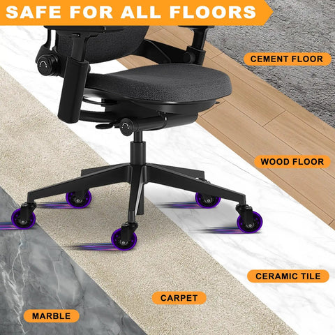 Office Chair Wheels Replacement Set Of 5 3 Inch Rubber Casters With Soft Non Marking Polyurethane Glide For All Floors Including Hardwood And Carpet Quiet Smooth Rolling Game Changer Purple Finish on various floor types