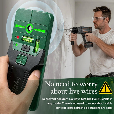 6 In 1 Stud Finder Wall Scanner With Cross Line Laser Detect Wood Studs And Live AC Wires Dual Bubble Levels Built In Ruler For Handy DIY Home Improvement Projects. Handheld wall scanner checking live wires while drilling