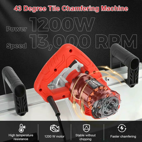 Pro Level Heavy Duty Electric Tile Chamfer Machine With Sturdy 12 V Water Pump And Lightning Fast 13000 Rpm Motor And Tough 1200 W Wet Cutting Saw for clean edge trimming, showing motor and handles.