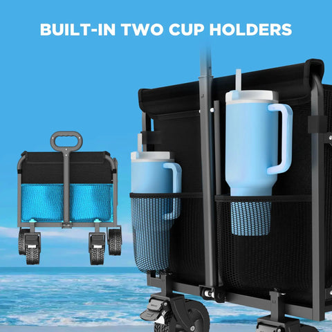 Beast Of A Foldable Wagon Cart With Brakes And All Terrain Wheels, 560 Lbs Capacity, shown with built-in cup holders