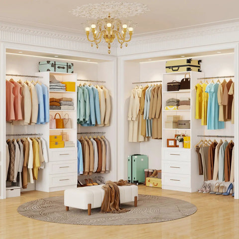 Two Set Closet System With 6 Drawers, 8 Expandable Hanging Rods And Adjustable Shelves, Modular Wood Organizer Tower For Walk In Closets, Custom 5 To 14 Ft Closet Organizer White Finish