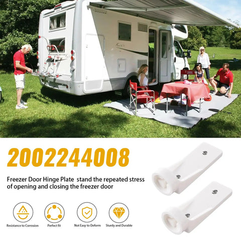 RV Freezer Door Hinge Plate Replacement For 2002244008 And 330019 shown with camper lifestyle, fits 2-way and 3-way RV freezers