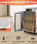 Heavy Duty Commercial Food Dehydrator With Eighteen Stackable Trays, A Hardcore Two Thousand Watt Heater, And All Stainless Steel Build showing 18 trays and digital controls.