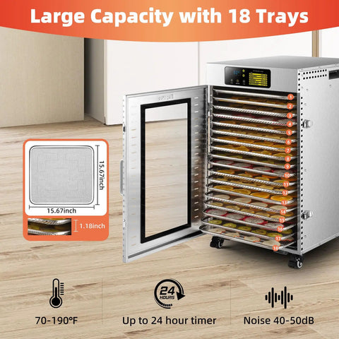 Heavy Duty Commercial Food Dehydrator With Eighteen Stackable Trays, A Hardcore Two Thousand Watt Heater, And All Stainless Steel Build showing 18 trays and digital controls.