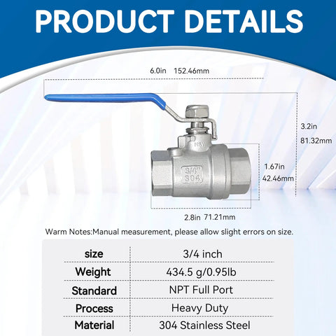 3/4 in full-port stainless steel ball valve with NPT threads, blue lever and locking device