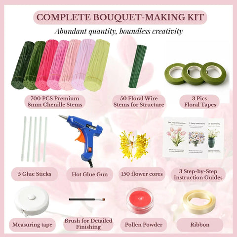 Ultimate Pipe Cleaner Flower Kit With 700 Piece DIY Bouquet Craft Set With Chenille Stems, Tools, Tutorials, And Supplies For Beginners And Craft Lovers All In One.