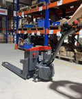 MechMaxx 3300lb Lithium Electric Pallet Jack, 45x27 Forks, 24V Walkie Type Truck in warehouse with ergonomic control handle.