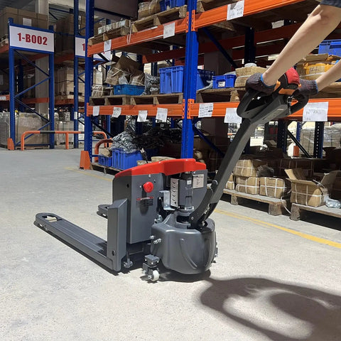 MechMaxx 3300lb Lithium Electric Pallet Jack, 45x27 Forks, 24V Walkie Type Truck in warehouse with ergonomic control handle.