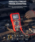 TRMS Digital Multimeter For DIY Electrical Projects, 2000 Counts showing a voltage reading in a car engine bay setup.