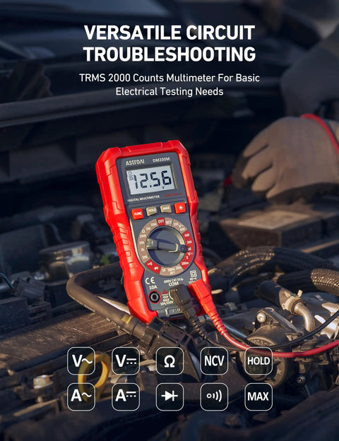TRMS Digital Multimeter For DIY Electrical Projects, 2000 Counts showing a voltage reading in a car engine bay setup.