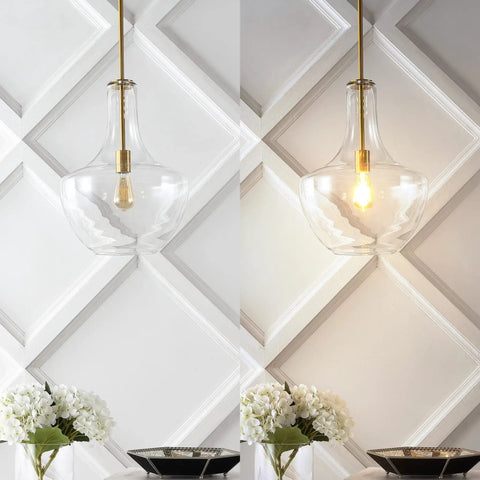 Brass Gold Clear Mid Century Modern 1 Light LED Pendant Light Fixture With Adjustable Schoolhouse Hanging Stem For Kitchen Island Glass Shade LED Bulb Included Ships Fast, shown illuminated and off over dining table.