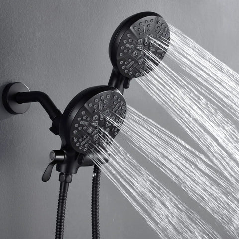 Matte Black Handheld Shower Head With 7 Settings And 5-Inch Rain Shower, dual water streams, wall mounted, gray background